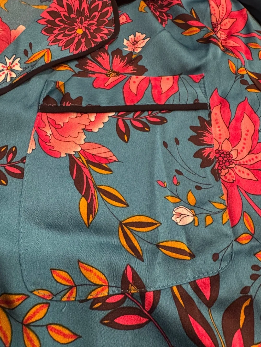 Ann Taylor Loft Satin Pajama Top-Floral-Teal Blue/Pink-Size Small